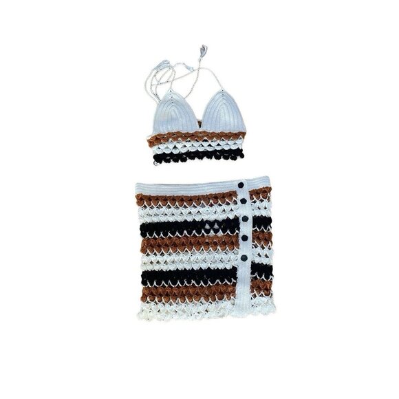 NWT My Beachy Side Crochet Halter Top Bikini Skirt Set White Brown Black Medium - Picture 5 of 12